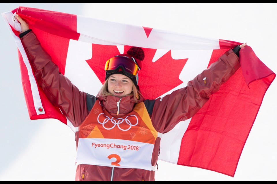 Cassie Sharpe of Comox celebrates her gold medal win in the women's ski halfpipe at Phoenix Snow Park during the Pyeongchang 2018 Winter Olympic Games in South Korea, Tuesday, Feb. 20, 2018. THE CANADIAN PRESS/Jonathan Hayward