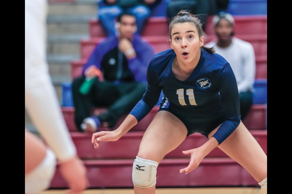 Isabela Lima gets ready for a pass during a match with the Capilano Blues. She’ll be fighting for a provincial title this weekend, two and a half years after an illness left her fighting for her life. photo Paul Yates/Vancouver Sports Pictures