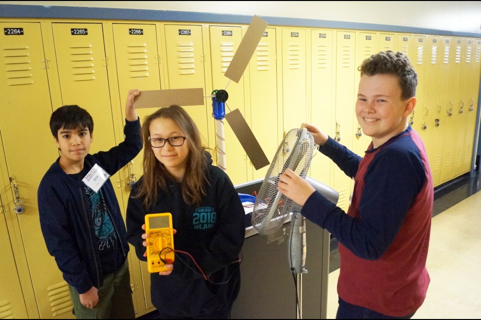 (From left) Jack Madeira (Grade 6), Kylie Wawryk (Grade 7) and Braden Hodgins (Grade 6), are competing in the Maker Adventures program, the first of what hopes to be an annual event showcasing students’ innovative ideas for sustainability. Graeme Wood photo