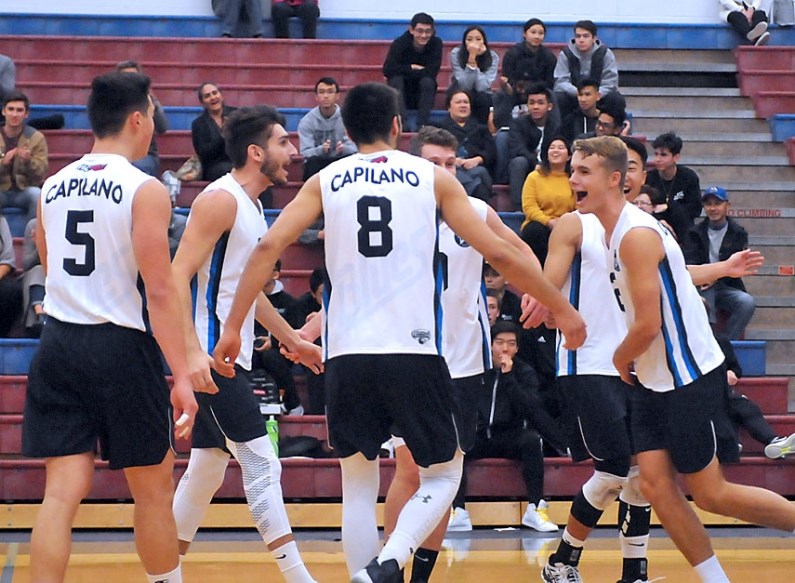 Capilano Blues setter Simon Friesen (right) celebrates a point with his teammates. Friesen was named the PacWest player of the year after leading the Blues to a 19-5 record. photo Paul McGrath, North Shore News