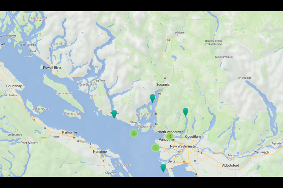 Screen shot of the map that shows pollution near Squamish.