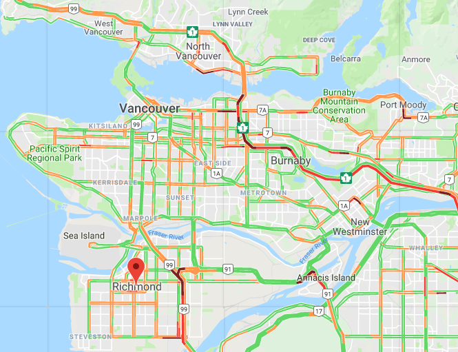 Traffic updated as of 3:30 p.m. during the snow warning. Image: Google traffic.