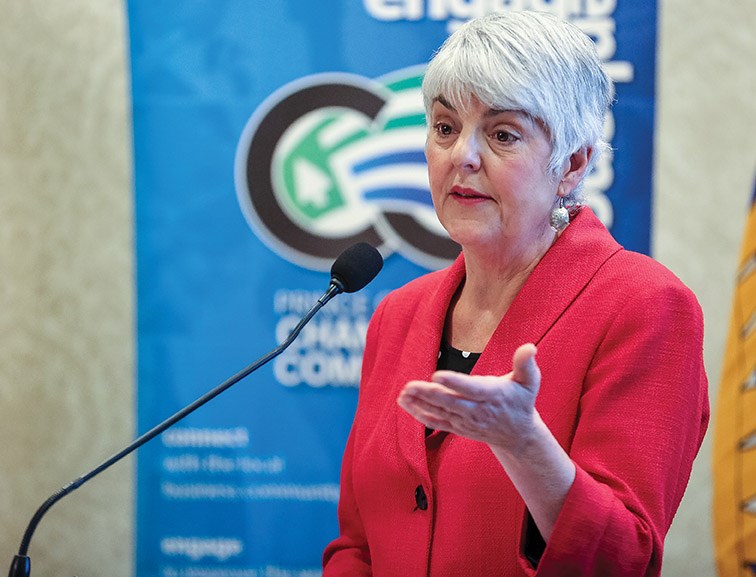 Minister of Finance Carole James speaks at an open-forum discussion regarding the 2018 B.C. Provincial Budget on Saturday at Coast Inn of the North.