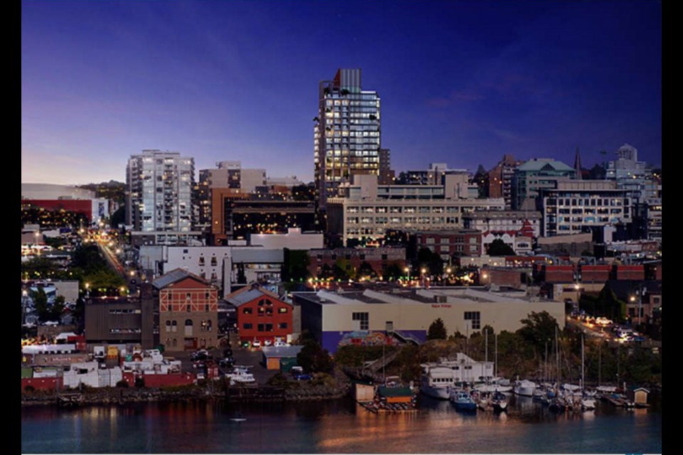 In an artist's rendering, Townline's proposed 26-storey tower on Herald Street rises above the downtown Victoria skyline.