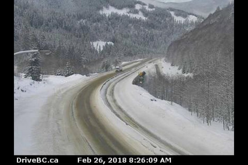 The Coquihalla Highway was mostly covered with snow near Hope on Monday morning. Traffic was very light.