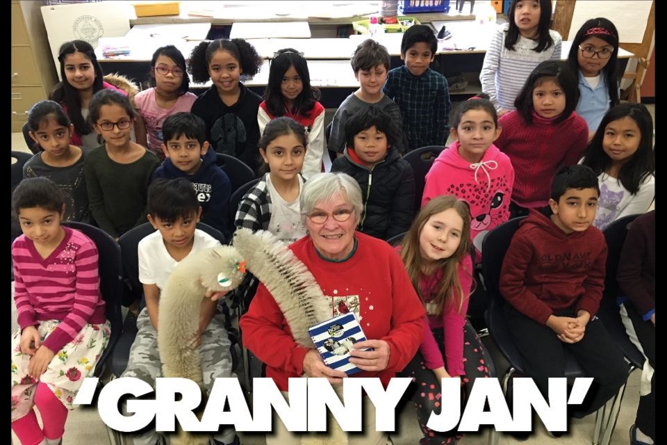 Janet Flamand, AKA ‘Granny Jan,’ has been reading stories to Mitchell elementary students for the past six years. This year, her granddaughter, Holly Easterbrook, has helped stoke the imaginations of the chosen Grade 3/4 class. Graeme Wood photo