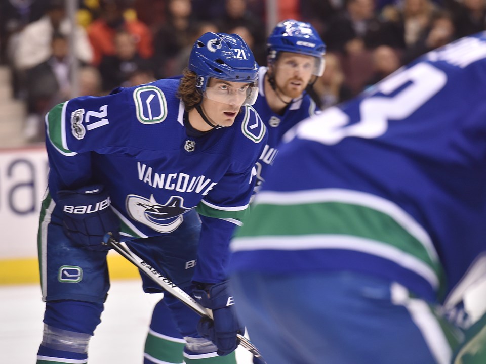Loui Eriksson set for a faceoff for the Vancouver Canucks