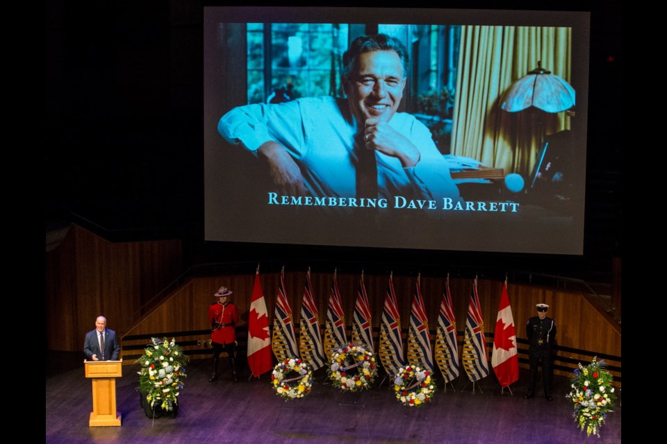B.C. Premier John Horgan speaks during a state memorial for former premier Dave Barrett at the University of Victoria's Farquhar Auditorium on Saturday, March 3, 2018.