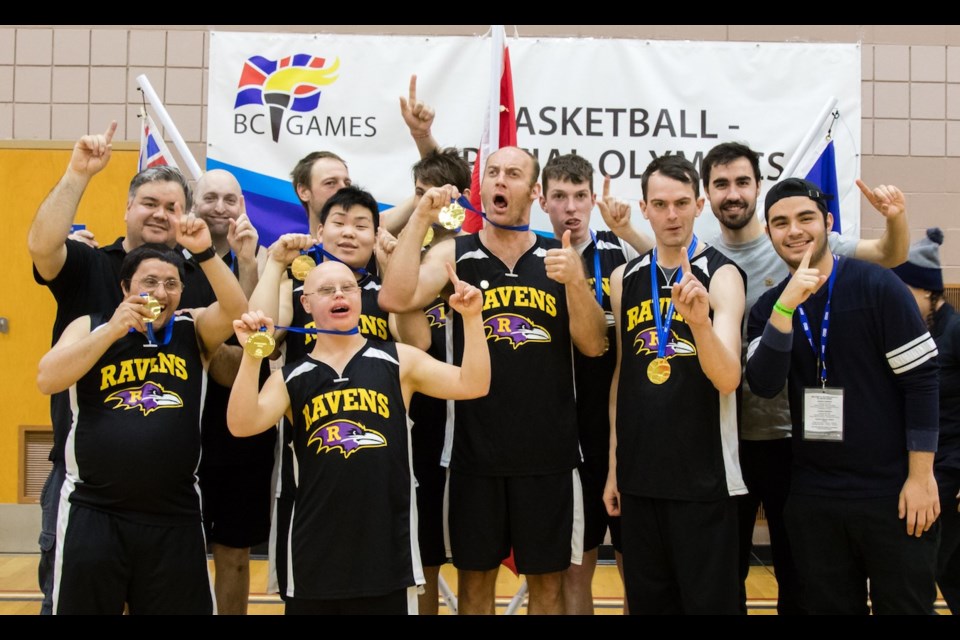 Richmond Ravens celebrate their gold medal triumph in Special Olympics Basketball at the B.C. Winter Games in Kamloops.