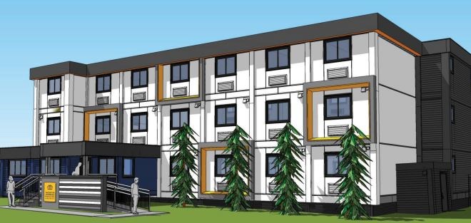 Architectural rendering for temporary modular housing planned for 525 Powell St.