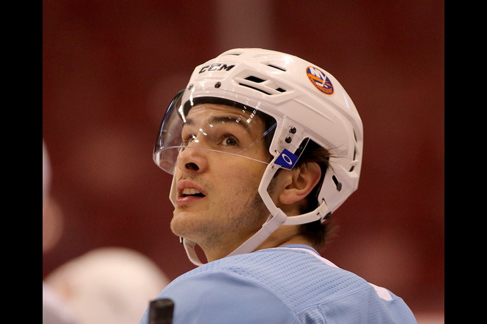 MARIO BARTEL/THE TRI-CITY NEWS
Things have been looking up for Coquitlam's Mathew Barzal as he prepares for his first game in Vancouver as an NHLer during practice at Roger's Arena on Sunday. Barzal is the leading candidate for the Calder Trophy, awarded to the league's top rookie.