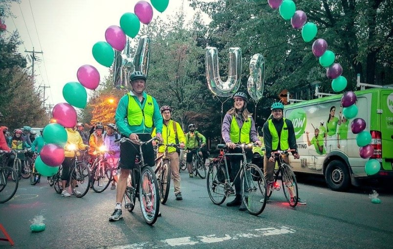 Cyclists at the start of the 2016 “Bike the Night” ride in Vancouver hosted by HUB Cycling. Photo co