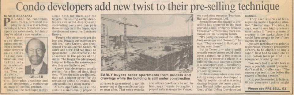 Condo sales centres Van Sun June 24 1989