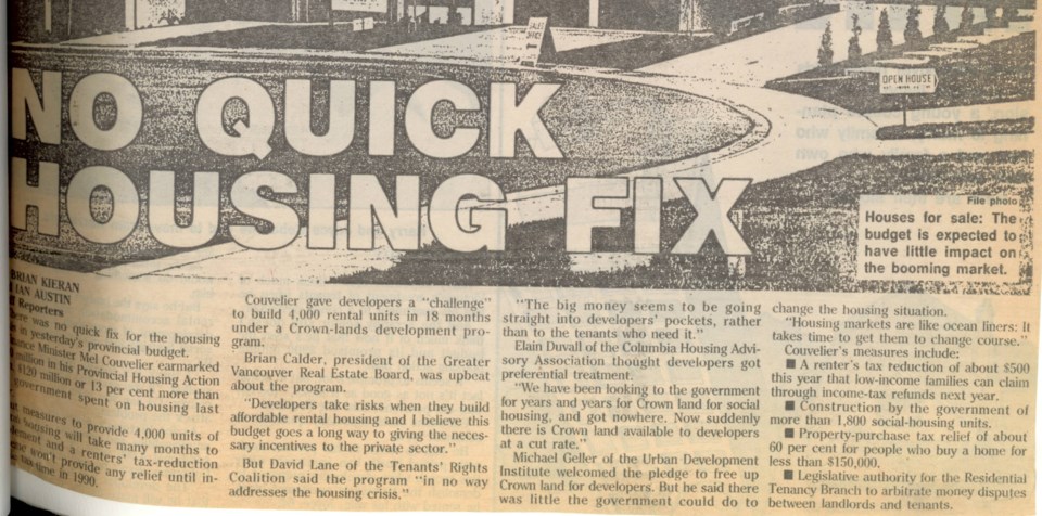 BC Budget no housing fix Province March 31 1989