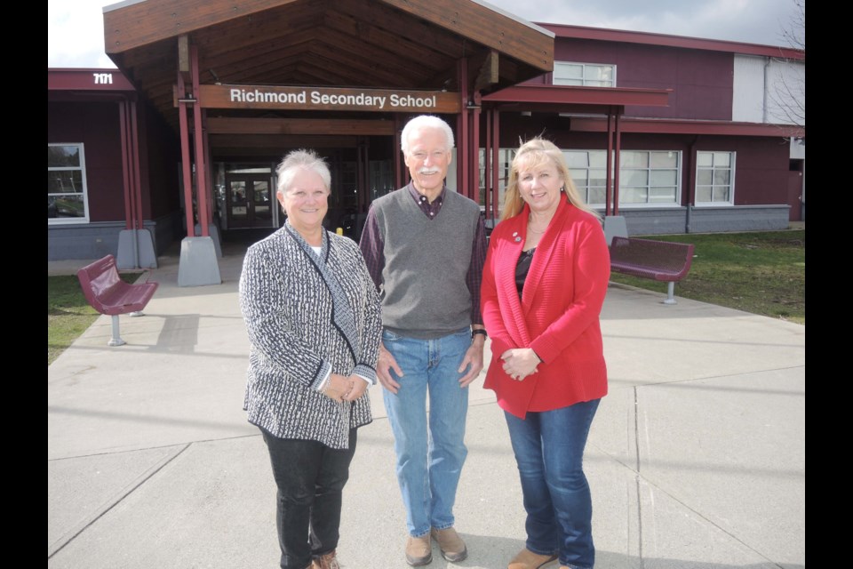 Richmond Secondary's alumni association committee members (from left) Donna Matheson, grad of 73, John Montgomery, grad of 58, and Beth McKenzie, grad of 72, have been hard at work for months organizing the birthday event