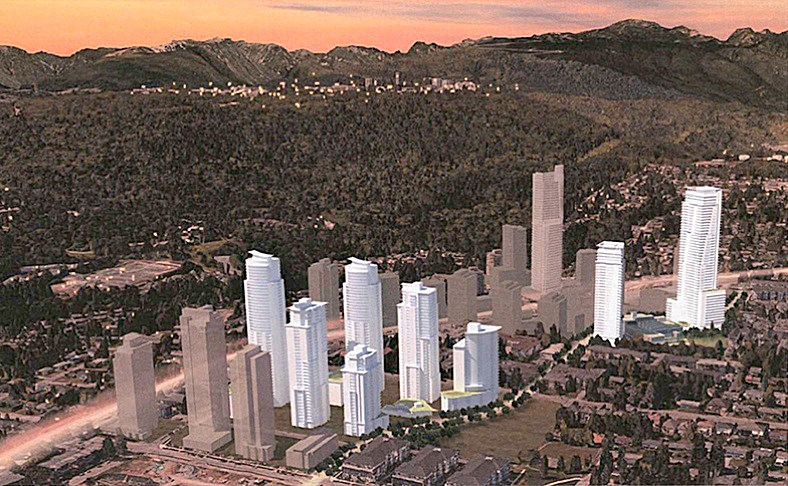 This illustration from Concert Properties shows the buildings planned (in white) for the Burquitlam area of Coquitlam under its proposal that’s before the city for approval.