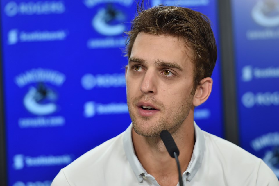 Brandon Sutter at the microphone for the 鶹ýӳCanucks