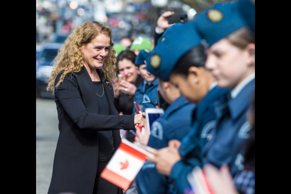 Gov. Gen. Julie Payette greets air cadets in front of the B.C. legislature in Victoria on Tuesday, March 20, 2018.