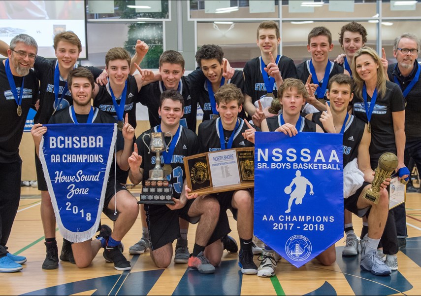 The Seycove Seyhawks celebrate their win in the Howe Sound AA championship tournament. The team went on to win bronze at the provincial championships. photo supplied