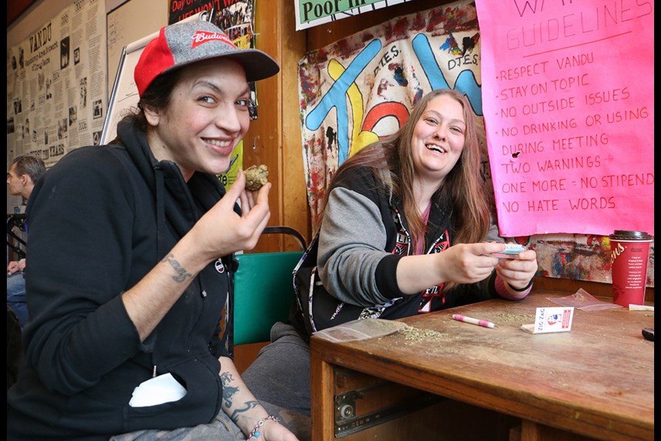 Jennifer Nelson (left) and Amanda Rainey volunteer at VANDU every weekend rolling joints to be given to opioid users as part of the Cannabis Substitution Project. Photo Saša Lakić