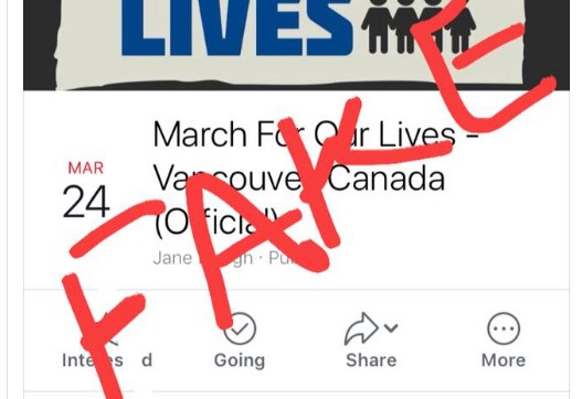 Organizers of this morning's March for Our Lives in Vancouver are warning people about a fake Facebook page that gives the wrong time.