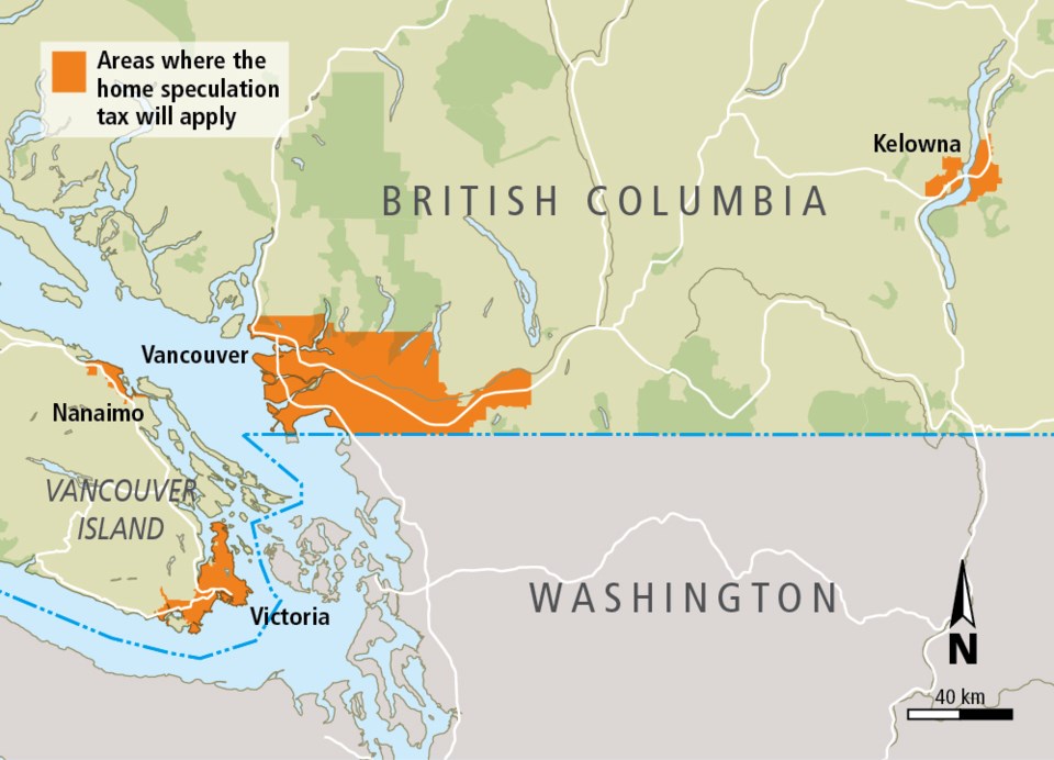 Map - Areas in B.C. where real estate speculation tax applies