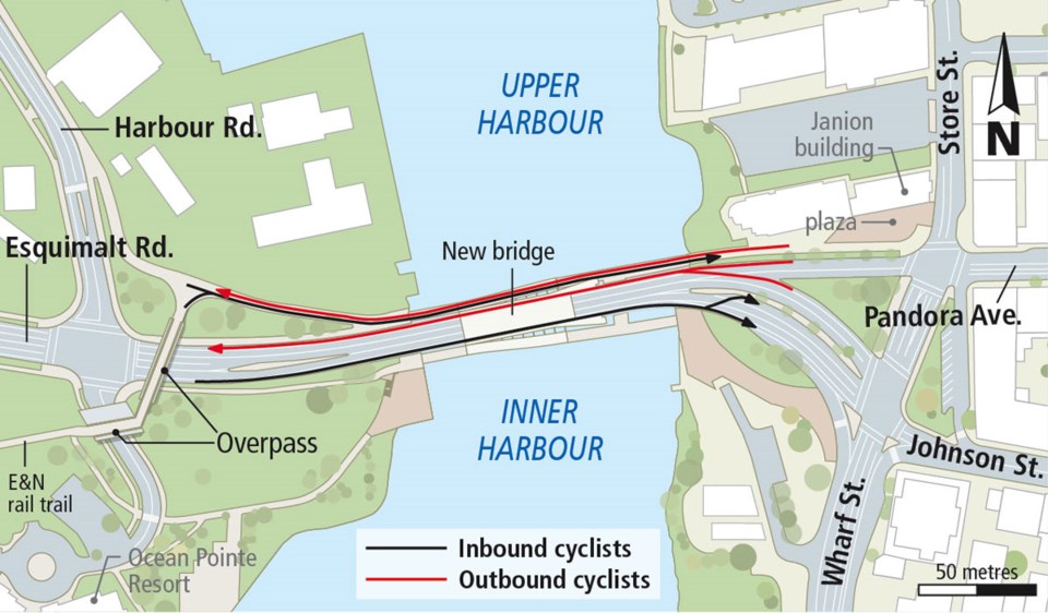 Map - bike routes on new Johnson Street Bridge