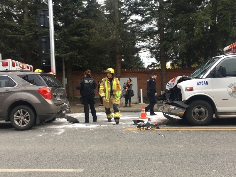 Ambulance crashes with SUV outside a Richmond temple on Steveston Highway early this year. Image / Kacy Wu
