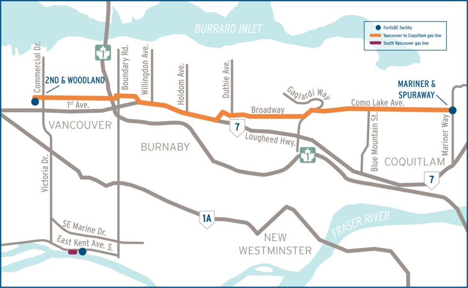 Vancouver to Coquitlam route map.