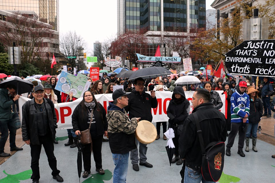 Protesters opposed to the twinning of the Kinder Morgan pipeline marched from the Vancouver Art Gall