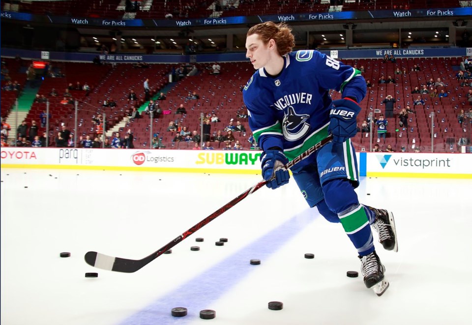 Adam Gaudette shows off the flow at Canucks warm up