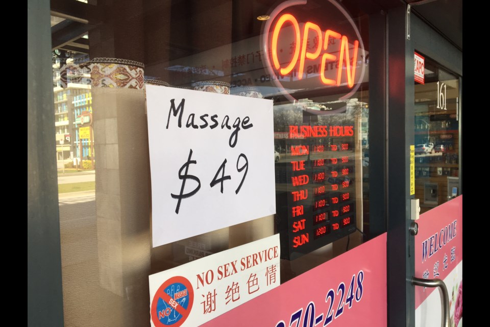 A massage parlour on Minoru Boulevard felt it necessary to post a "No Sex Service" sign on its front door after being inundated by prospective Johns.