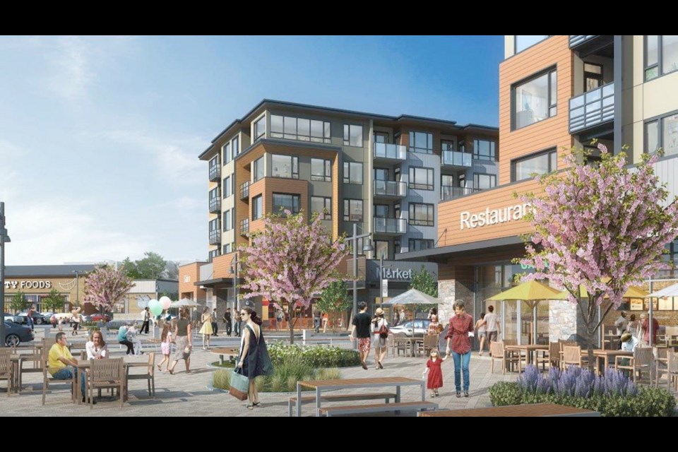 Rendering of Belmont Market, being developed on what was once the site of Belmont Secondary School. The 160,000-square-foot centre, along Jacklin Road and separated from Westshore Town Centre by Jenkins Avenue, will include a 52,700-square-foot Thrifty Foods, similar in size to the Broadmead Shopping Centre location.