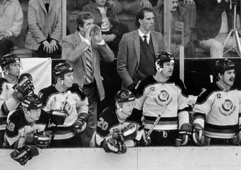Sockeyes coach Orland Kurtenbach yells instructions to his players during the Sockeyes 5-3 win over Humboldt at Richmond Arena on April 27, 1987 during the Abbot Cup finals