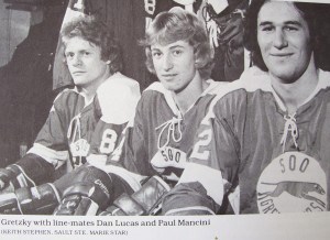 This photo of Dan Lucas, Wayne Gretzky and Paul Mancini was taken when they played for the Sault Greyhounds.