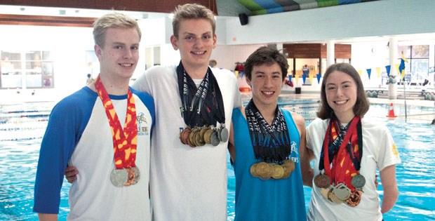 (Left to right) Thomas Kranjc, Calvin Slinn, Devon Dupuis and Aimee Brennan are the next wave of swimmers coming through the Winskill Dolphins’ national training group to make a splash at the national and provincial levels.