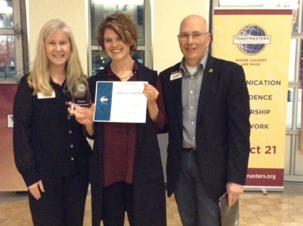 Ambassadors Tsawwassen Mills Toastmasters member Katherine Praski (centre) recently won first place in the 2018 Div. E (District 21) Toastmasters International Speech Contest in Richmond. She will go onto compete in Kelowna at the District 21 conference later this month. She’s pictured along with District 21 director Carol Carter (left) and District 21 program quality director Shawn Gold.