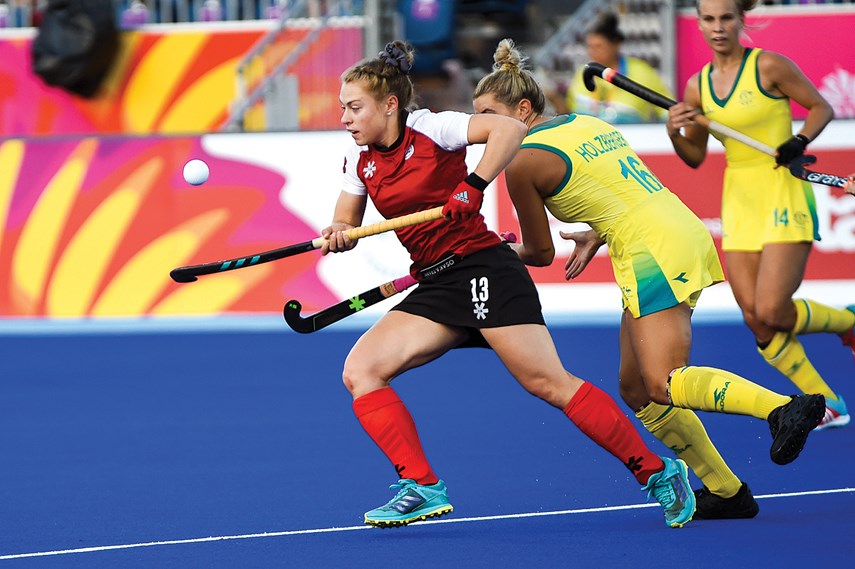 Hannah Haughn shows her skill during Canada’s run to fifth place in field hockey at the Commonwealth Games. photo Yan Huckendubler/Commonwealth Games Canada