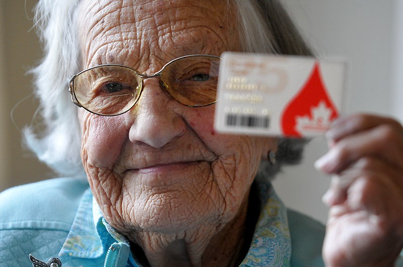 Beatrice Janyk is being honoured by Canadian Blood Services as possibly the world's oldest blood donor when she makes her regular donation today. The Christmas Lodge resident is 95 years-old.