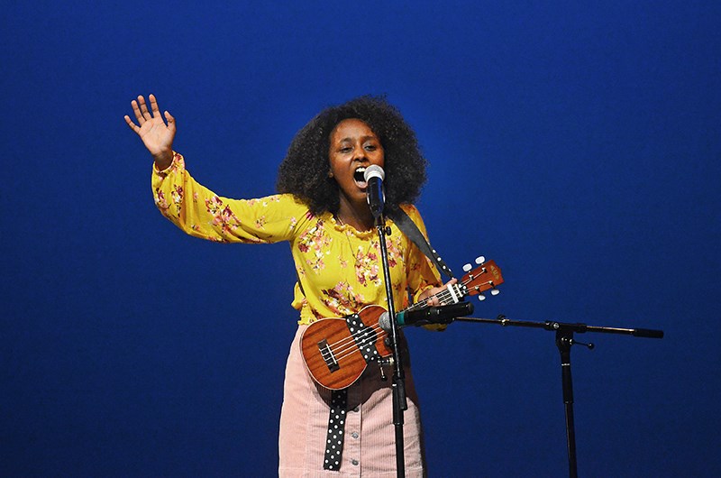 Haleluya Hailu performs at this year's school district-wide Burnaby's Got Talent student talent show at the Michael J. Fox Theatre Monday. Hailu, a singer-songwriter, won this year's event.
