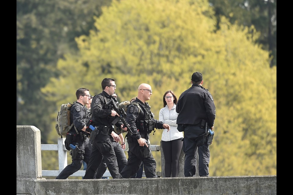 The Vancouver Police Department's emergency response team Thursday took part in a training exercise at HMCS Discovery, the the Royal Canadian Navy Reserve shore facility on Deadman’s Island off Stanley Park. Photo Dan Toulgoet