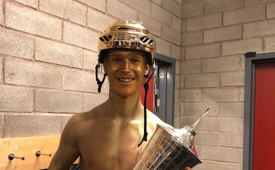 Elias Pettersson covered in gold body paint after winning SHL championship