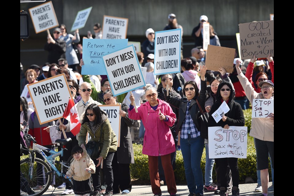 Demonstrators gathered outside BCTF headquarters to protest the Sexual Orientation and Gender Identities (SOGI) 123 curriculum being taught in B.C. schools. Photo Dan Toulgoet