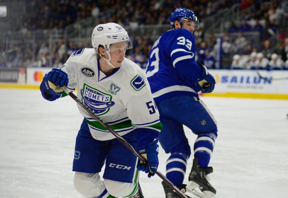 Jonathan Dahlen skates for the Utica Comets in the 2018 Calder Cup Playoffs.