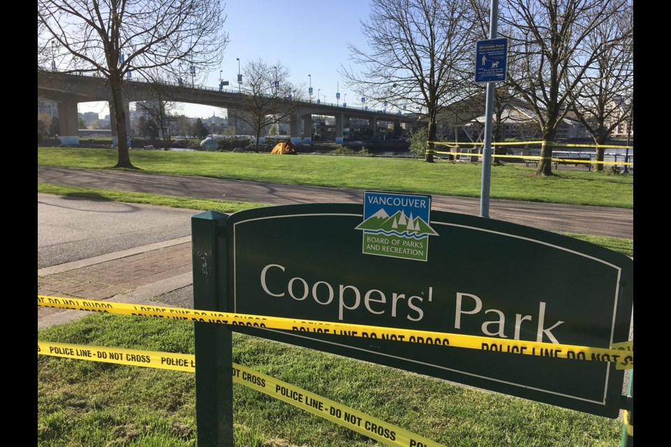 Coopers Park is behind police tape Thursday morning after a 38-year-old Vancouver man was fatally assaulted. Photo Martha Perkins