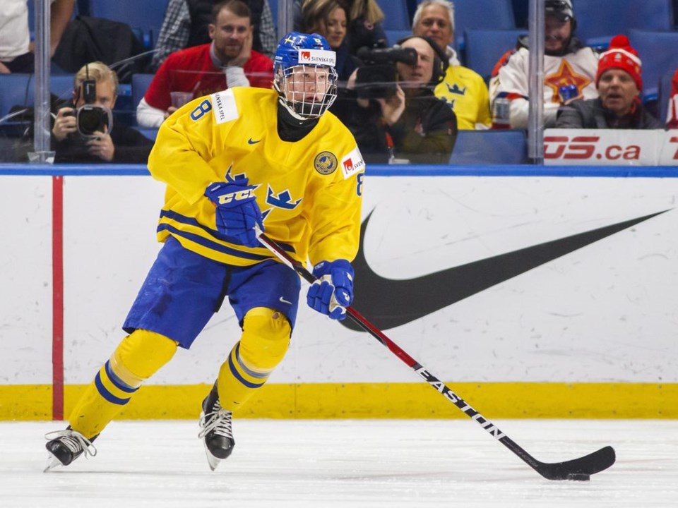 Rasmus Dahlin skates for Team Sweden at the 2018 World Juniors.