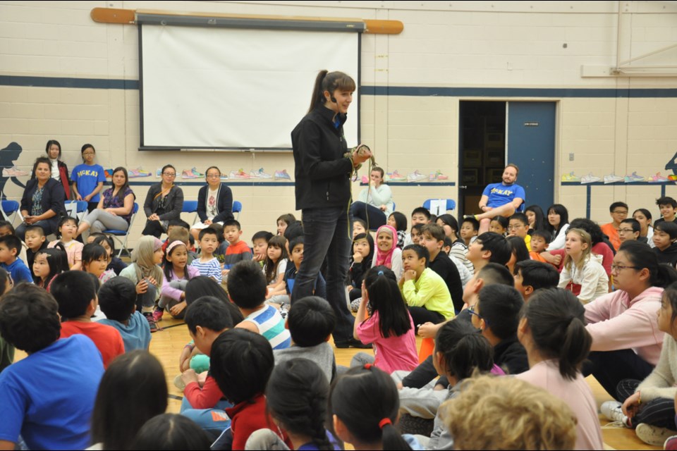 Students are observing a caiman lizard brought to the class by presenters of the Earth Rangers. Daisy Xiong Photo