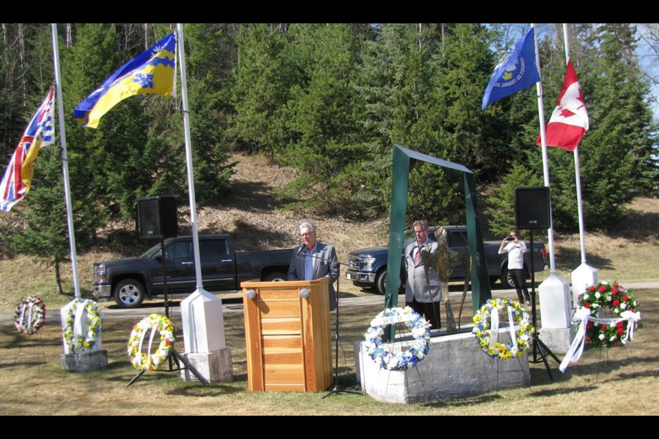 Mayor Lyn Hall speaks during the ceremony held Saturday in honour of the Day of Mourning that remembers B.C. workers who have been killed on the job.