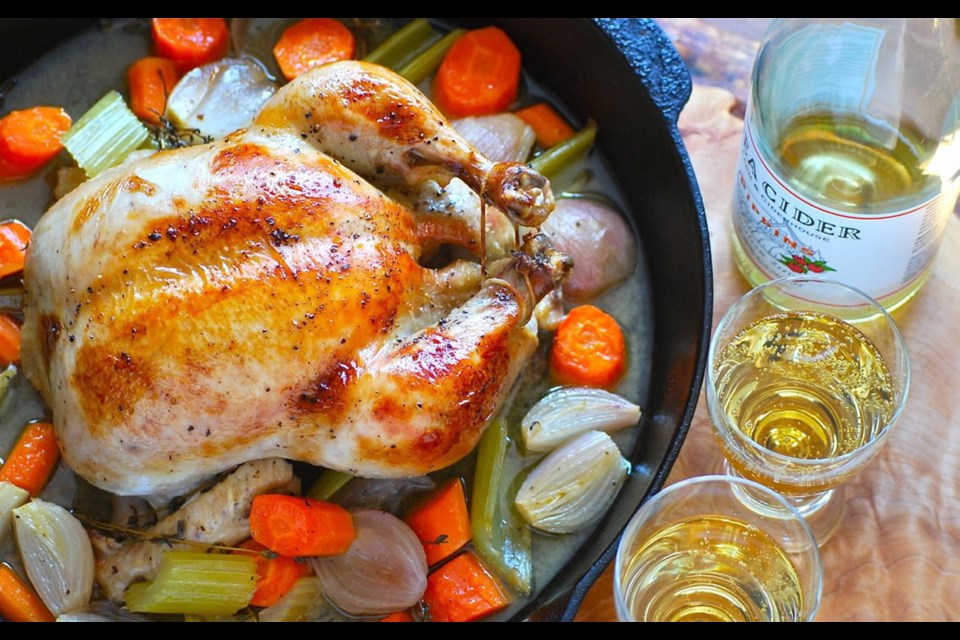 Celebrate B.C. Cider Week with Braised and Roasted Chicken with Cider, Thyme and Vegetables.
