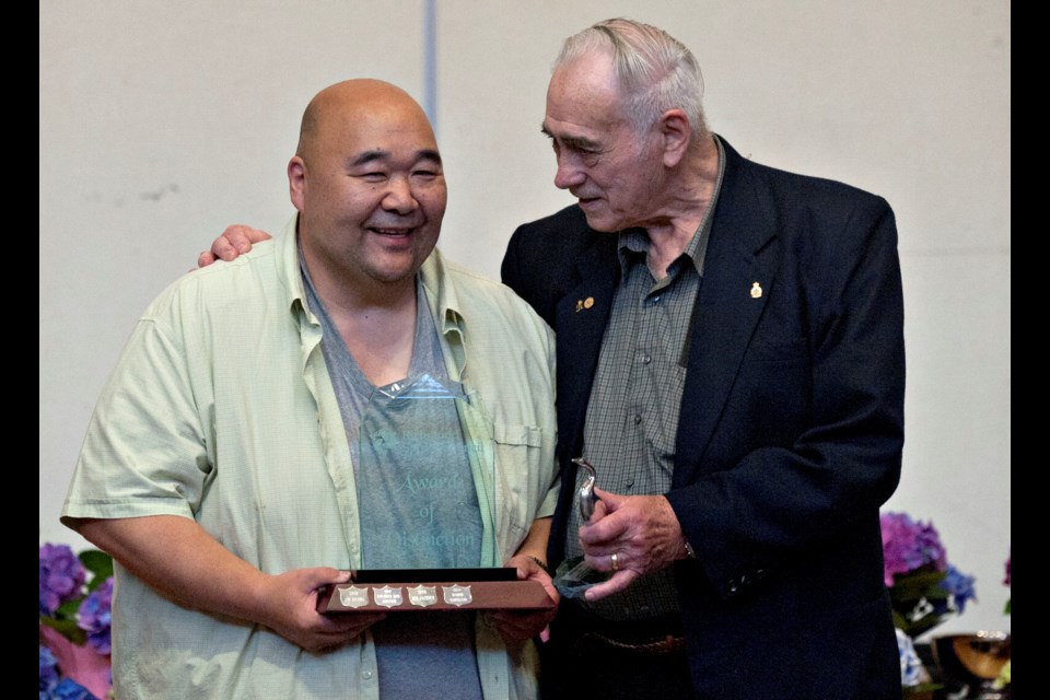 Jim Lamond presents Paul "Sammy" Morizawa with the Richmond Sports Council's Award of Distinction to wrap-up the 20th annual Richmond Sports Awards on Thursday night at McMath Secondary.